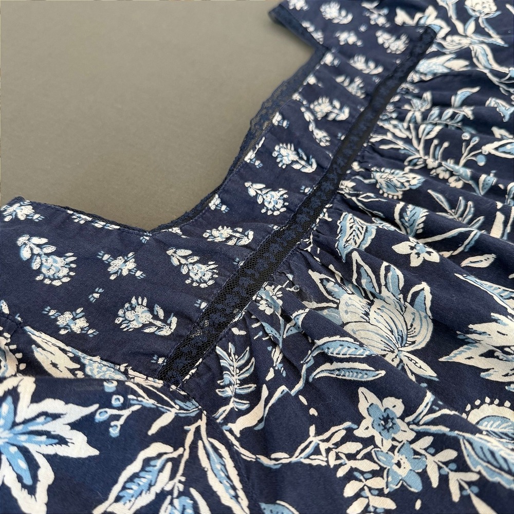 Beach Lunch Lounge Navy Floral Cotton Button Front Peplum Top Square Neck XL - Picture 9 of 11